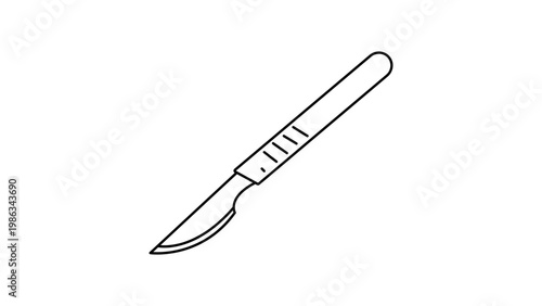 Minimalist black line vector icon illustration of a surgical scalpel tool, featuring a clean outline design on a white background, perfect for medical, healthcare, and surgery-related projects.