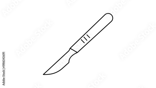 Minimalist black line vector icon illustration of a surgical scalpel tool on a white background, ideal for medical, healthcare, surgery, clinic, and hospital-related graphic design projects.