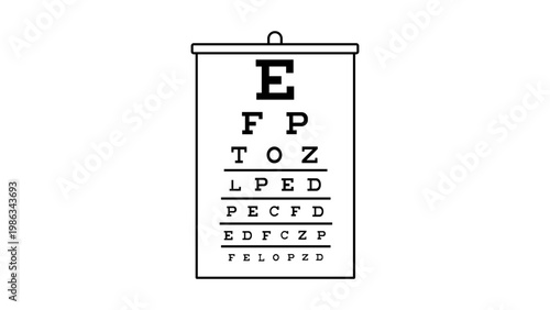 Minimalist black line vector icon of a classic Snellen eye chart for vision testing and ophthalmology exams, featuring rows of letters on a white background for medical and healthcare design.
