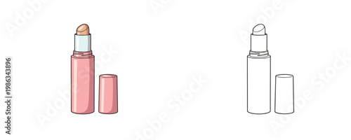 Concealer stick in flat cartoon and black line style pink and beige colors represents cosmetic tool for skin imperfections hiding and makeup isolated on white background