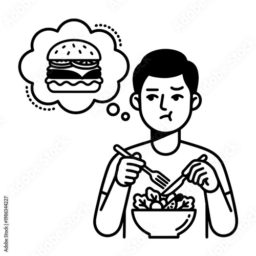 man eating salad while thinking of burger line drawing illustration vector clipart black and white