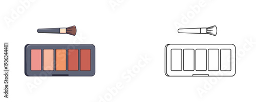 Blush palette with brush in flat cartoon and black line style multicolor and dark colors represents makeup set for cheek coloring and beauty isolated on white background