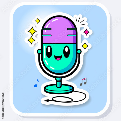 Cute cartoon microphone illustration sticker with a cheerful face, sparkling accents, and musical notes, perfect for creative sound and music-themed digital content