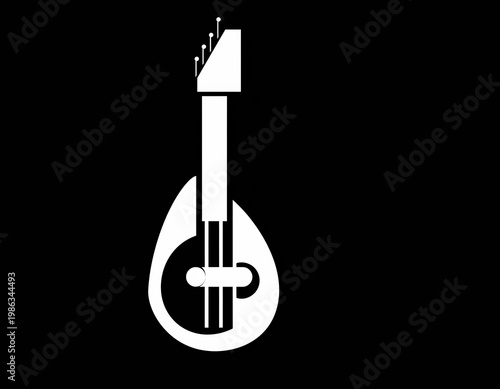A minimalist white illustration of a mandolin on a black background, perfect for music-related designs and branding