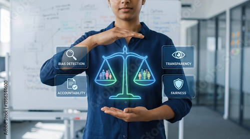 Indian businesswoman presenting AI ethics concept with interface showing fairness balance scale and icons for bias detection, transparency and accountability in artificial intelligence systems