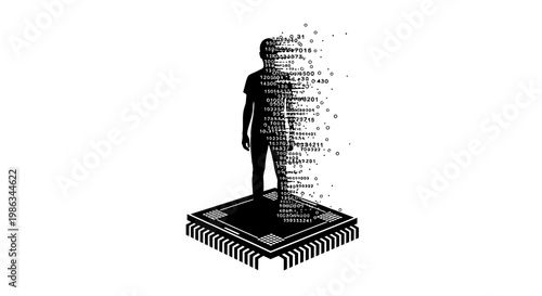 A man standing on a microchip with data disintegrating.