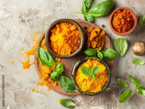 Bright yellow turmeric powder in ceramic bowls with fresh basil leaves on a textured stone background. Top view of Ayurvedic medicine ingredients for healthy lifestyle and cooking