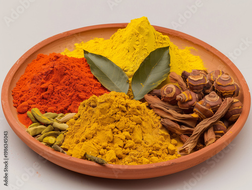 Piles of vibrant Ayurvedic spices including turmeric, paprika, and cardamom on a clay plate. Isolated on white background, top view of organic herbal ingredients for wellness