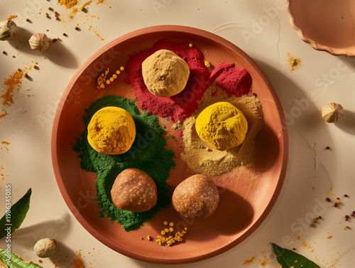 Traditional Ayurvedic herbal pills and powders on a clay plate. Top view with hard sunlight shadows featuring turmeric, spirulina, and herbal medicine ingredients