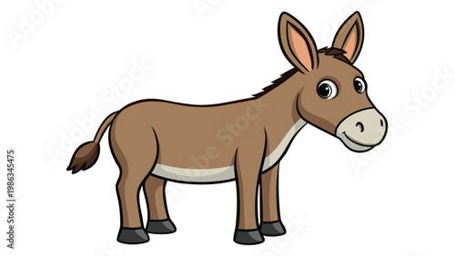 A cute cartoon donkey with big expressive eyes standing on a plain background and looking friendly and approachable