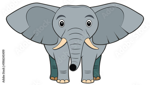 A simple and cute illustration of an elephant with large ears, small tusks, and a friendly expression drawn in a cartoon style suitable for children's books or educational materials