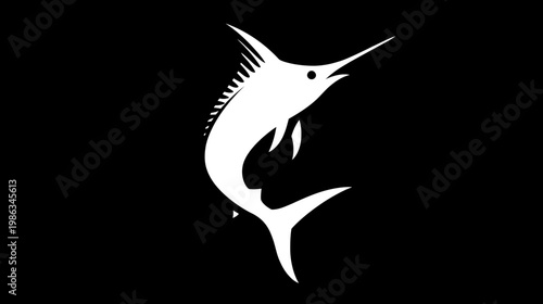 Striking white marlin fish silhouette jumping on a black background, symbolizing speed, power, ocean wildlife, and fishing.