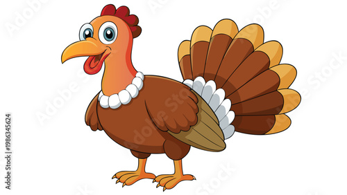 A colorful and cheerful cartoon turkey with large expressive eyes wearing a pearl necklace and standing proudly against a plain white background.