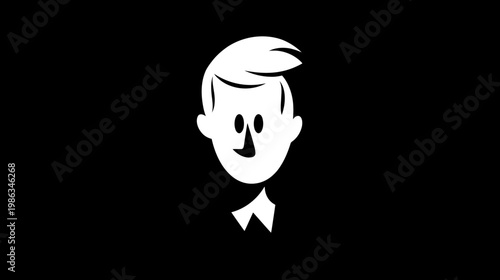 Minimalist cartoon man avatar icon with a bow tie. Flat design illustration of a cheerful male head in black and white.