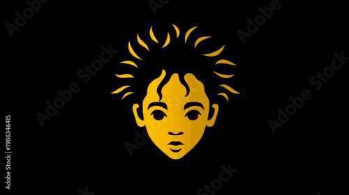 Golden Yellow Stylized Child Face Illustration with Textured Hair on Dark Background. Minimalist Graphic Design Element.