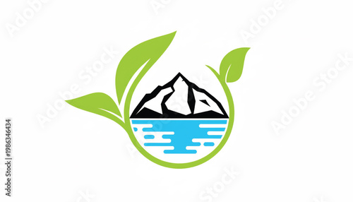 Mountain logo icon with green leaves and blue landscape lines for eco tourism or sustainable branding