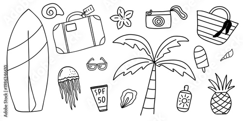 Hand-drawn simple summer vector set. Beach elements like palm, surfboard, sunglasses, sun, ice-cream, umbrella.