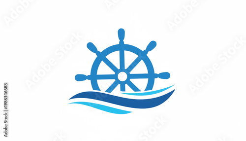 Wheel helm logo with blue steering wheel and waves icon design for sailing, marine navigation, and seafaring brands