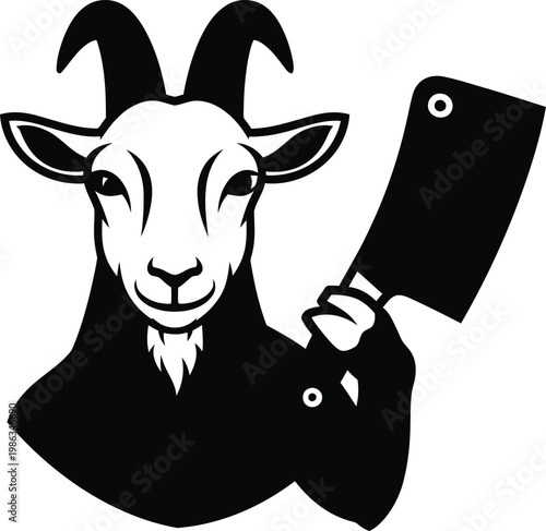A cartoon goat holds a large butcher knife in its hand