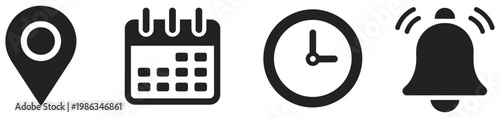 Time date and notification line icons calendar address location pointer and alarm bell notice alert business schedule and office time clock location place date reminder, event scheduling and time 