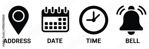 Time date and notification line icons calendar address location pointer and alarm bell notice alert business schedule and office time clock location place date reminder, event scheduling and time 