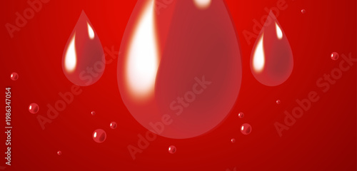 Glossy floating blood drops on deep red background, dramatic medical plasma and donation themed vector backdrop with abstract liquid depth