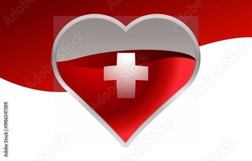 Red heart emblem with bold white medical cross on red and white background, healthcare, aid, and protection symbol in polished vector style