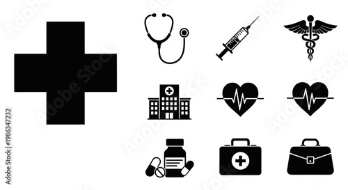 Black medical and healthcare vector icons collection including cross, stethoscope, syringe, hospital, heartbeat, pills, and first aid elements.