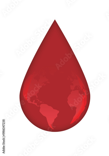 Glossy red blood drop with subtle world map reflection, global blood donation and medical awareness concept in clean modern vector style isolated on light background