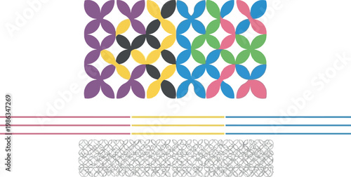 Colorful Geometric Floral Petal Pattern Set with Interlocking Circle Shapes, Striped Lines, and Outline Tile Designs for Textile, Wallpaper, and Surface Print Projects