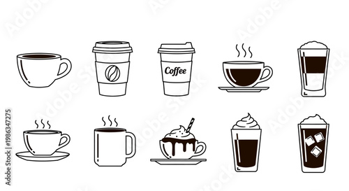 Vector outline icons set of coffee drinks. Collection of hot espresso, latte, cappuccino, and iced coffee in cups and disposable to-go mugs.
