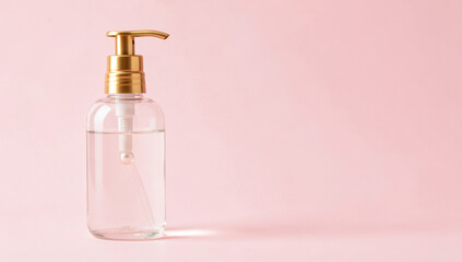 A clear glass bottle with a gold pump cap on a pink background