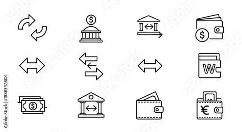 Money exchange, currency transfer, and banking line icons set for financial transactions and digital payment concepts.