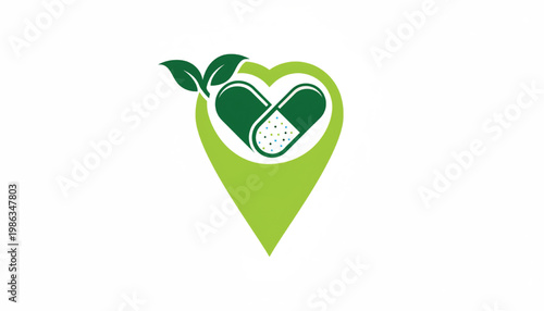 Herbal medical heart icon with crossed pills, leaf accents, and a green location pin symbol for healthcare apps