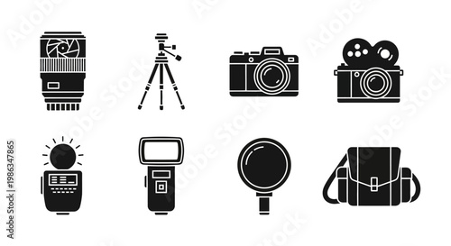 Set of Professional Photography and Videography Equipment Icons: Camera, Lens, Tripod, Flash, Light Meter, and Bag