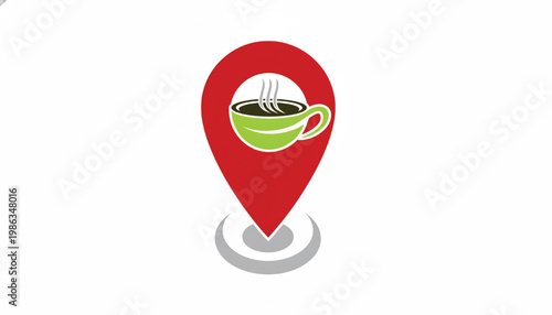 Coffee shop location icon with a steaming cup inside a red map pin and subtle motion waves below featuring café logo, food service, hot beverage with