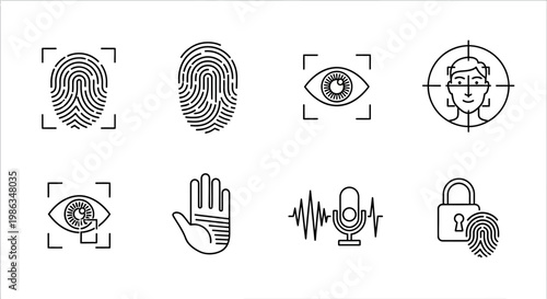 Biometric identification line icons set featuring fingerprint, face, iris, voice recognition, and security for digital access.