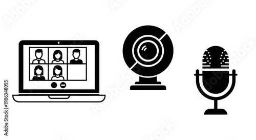 Video Call, Online Meeting, and Remote Work Concept. Laptop with Virtual Conference, Webcam, and Microphone Icons.