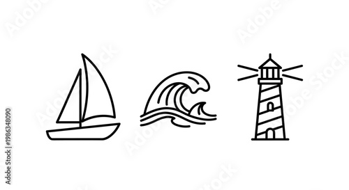 Nautical Line Art Icons Set: Sailboat, Ocean Wave, and Lighthouse. Simple Minimalist Maritime Symbols for Sea Travel and Adventure