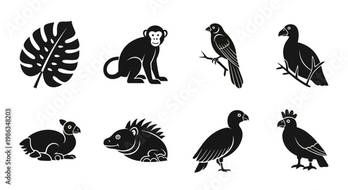 Exotic wildlife and tropical plant silhouettes set. Collection of jungle animals, birds, and leaf vector icons for nature design.