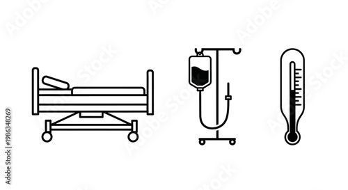 Healthcare Medical Equipment Line Art Icons: Hospital Bed, IV Drip Stand, and Thermometer. Vector Illustration for Health Concept.