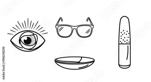 Eye Care and Vision Correction Vector Line Art Icons Set: Eyeglasses, Contact Lenses, Case, and Stylized Human Eye