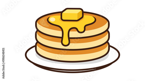 Modern flat vector illustration of a delicious stack of three fluffy pancakes topped with a melting pat of butter and dripping golden maple syrup on a white plate, isolated icon for food apps.