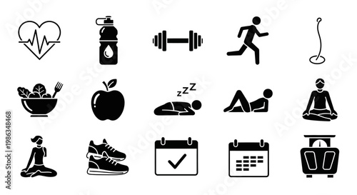 Healthy Lifestyle & Fitness Icons Set. Exercise, Nutrition, Sleep, Mental Wellness, Sports, and Health Activity Symbols