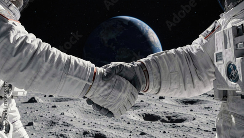 Two astronauts shake hands on the moon's surface, a historic moment in space exploration
