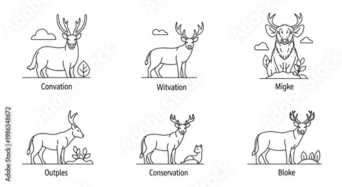 Deer outline icons set. Black and white line art illustrations of stags and bucks in nature, representing wildlife and forest animals.