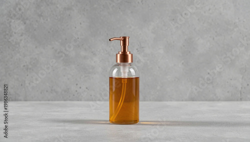A clear glass bottle filled with a transparent liquid sits atop a kitchen or laboratory counter