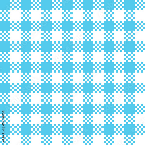A seamless light blue and white checkered gingham pattern featuring a classic geometric pixel design suitable for picnic themes and textile backgrounds.