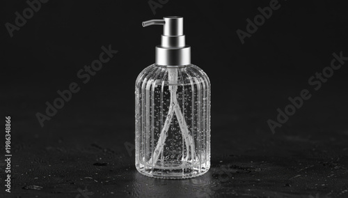 A glass bottle with a liquid pump on a black surface, great for medical or scientific illustrations