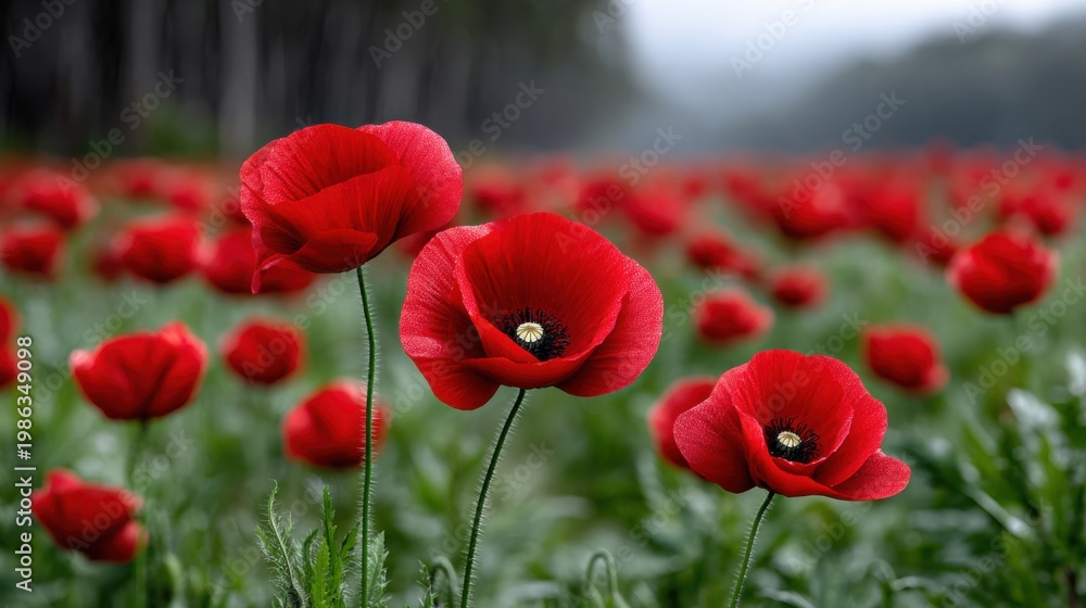 Naklejka premium Red poppy flowers blooming in a lush green field, symbolizing remembrance and honoring ANZAC Day, with blurred trees in the background creating a serene atmosphere
